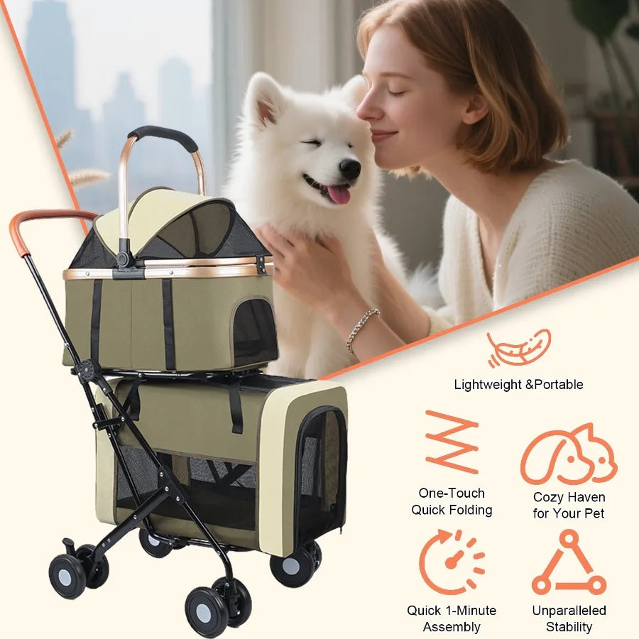 3-in-1Double Pet Stroller, Foldable Portable Pet Travel Strolling Cart for Medium Small Dogs Cats, up to 50lbs Dark Green