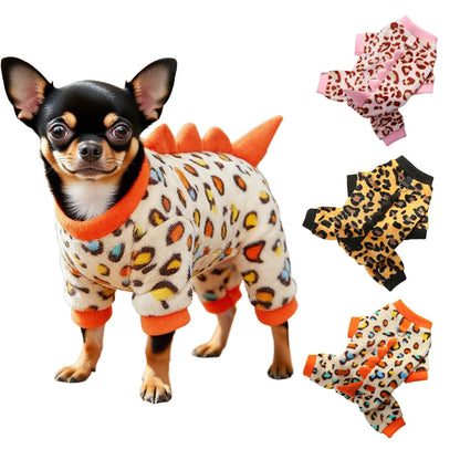 Leopard Dinosaur Dog Pajamas – Warm Fleece Jumpsuit for Small Dogs