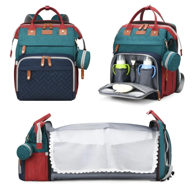 5In1 Diaper Bag Backpack Foldable Baby Bed Waterproof Bag with USB Charge Nappy Stroller Bag with Changing Bed 3Types for Travel