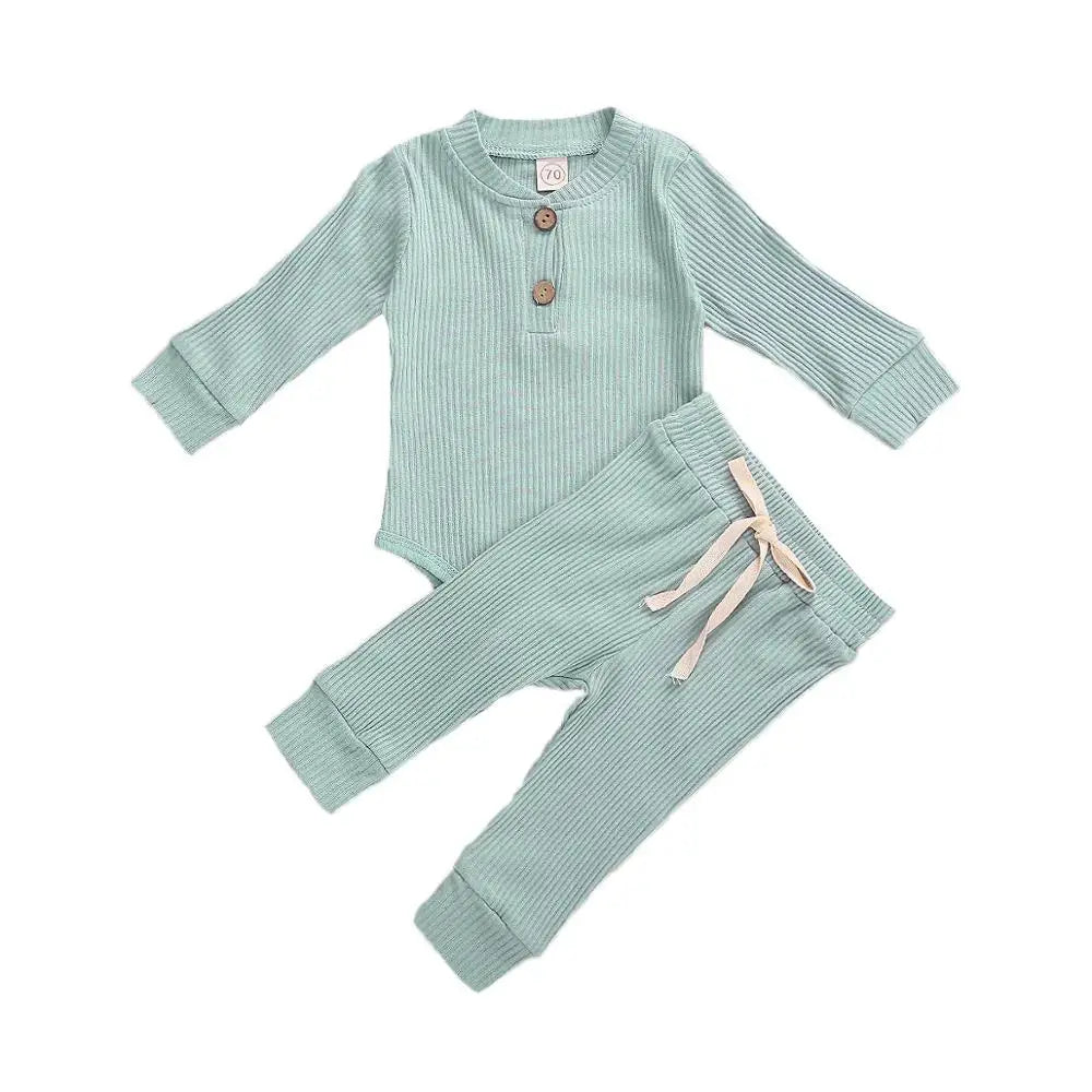 Baby girl or boy spring autumn ribbed and plaid long sleeve bodysuits with elastic pants, I YAN 2-piece clothing set for infants.
