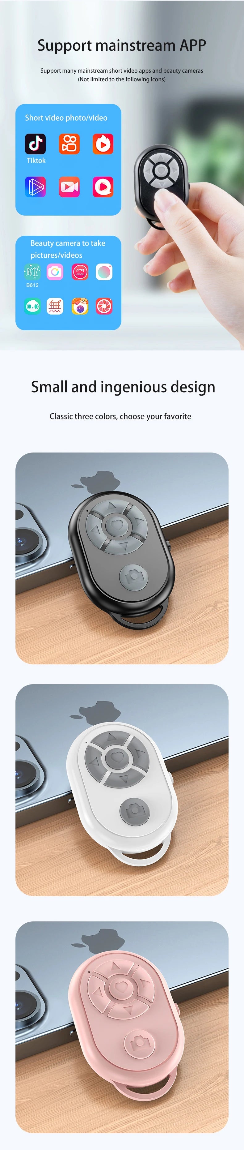 I YAN Bluetooth remote control for iPhone, Xiaomi, Android phones, used as a selfie stick and camera shutter for smartphones.