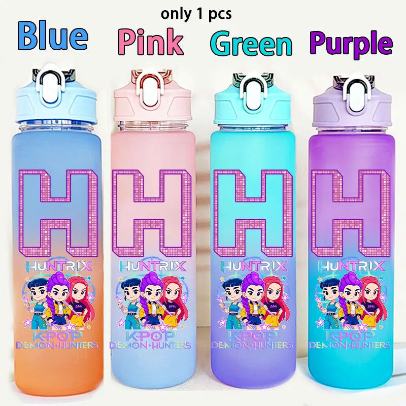 Kids water bottle featuring Demon Hunters design by I YAN, 750ML capacity, with warrior-themed lettering and numbers for school use.