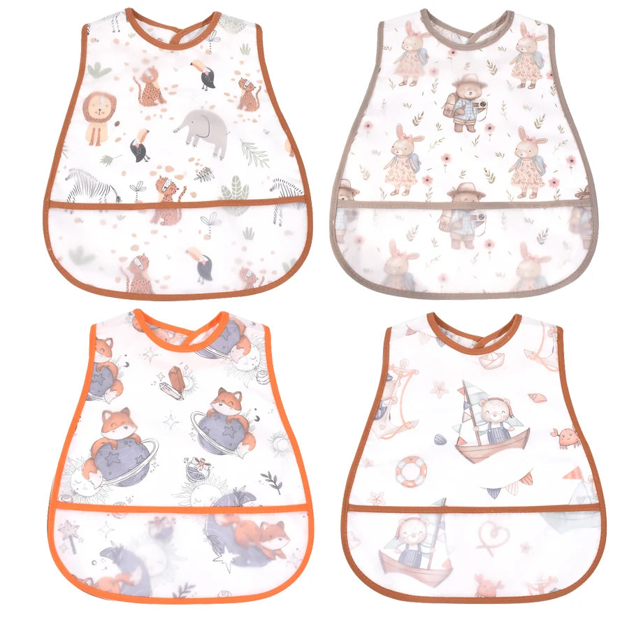 4Pcs/Set Cute Cartoon Pattern EVA Baby Bibs Adjustable Dirt Proof Waterproof Baby Bibs Big Pocket Burp Cloths for Girls Boys