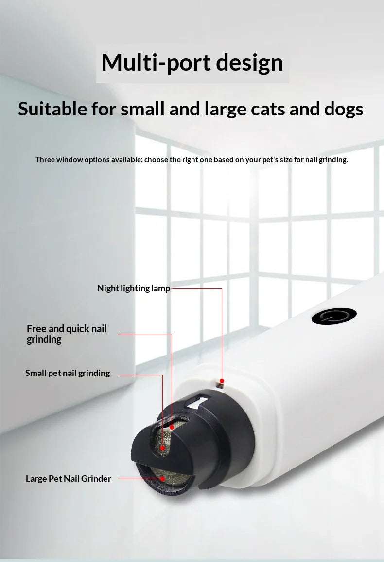 Electric pet nail grinder by I YAN for dogs and cats, quiet, rechargeable with LED light, safety guard, painless claw trimming.