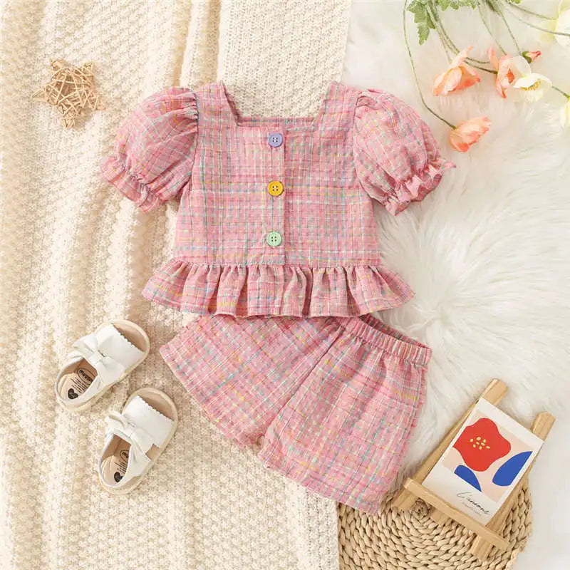 I YAN baby girl summer 2-piece set with plaid bubble sleeve top and matching shorts, adorable princess style for ages 0-3 years