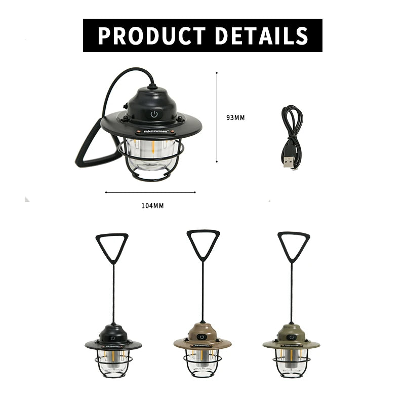 Retro Portable Camping Lantern IPX4 Waterproof Emergency Light Stepless Dimmable Hanging Tent Lamp for Outdoor Hiking