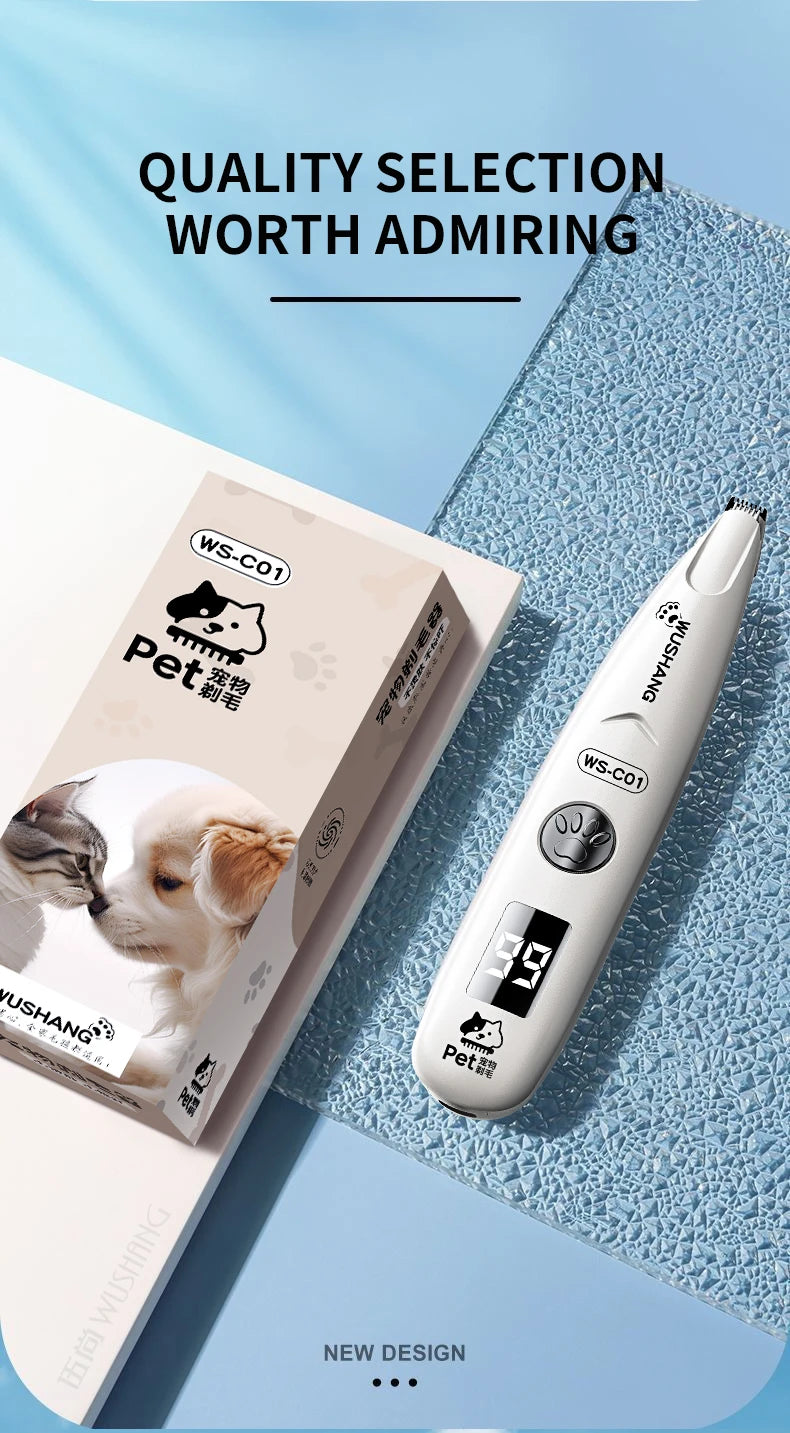 I YAN pet grooming trimmer with LED light, waterproof hair clipper for dogs and cats, showing the device with adjustable blades.