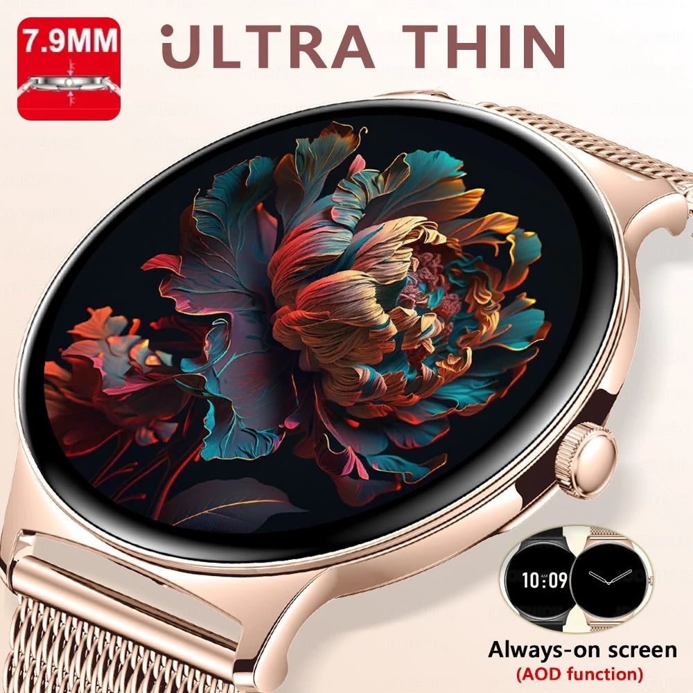 2026 New Ultra Slim AMOLED Smart Watch Women Screen Always Display Time Heart Rate BT Calling High-end Fashion Smartwatch