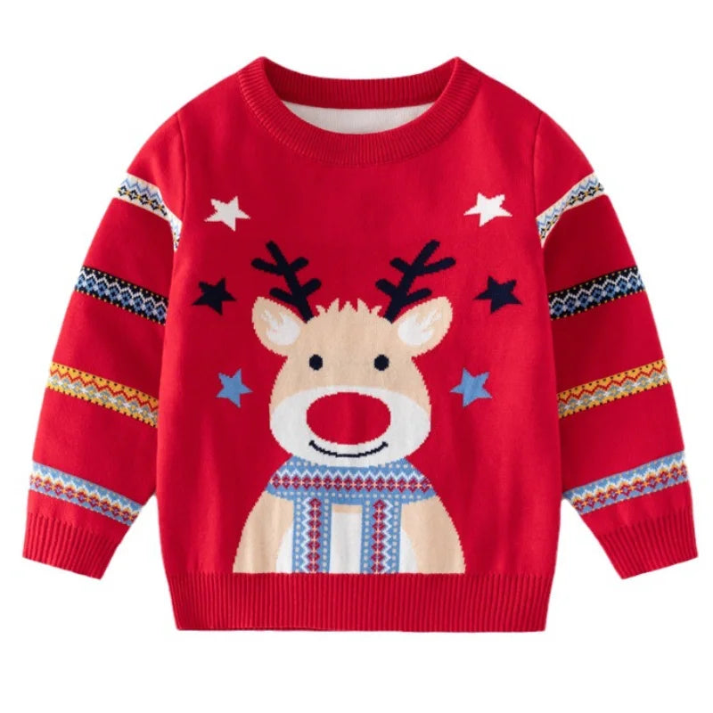 Autumn and Winter New Little Deer Christmas Pullover Stripe Printed Colorful Stripes Long Sleeve Knitwear Warm Versatile Sweater