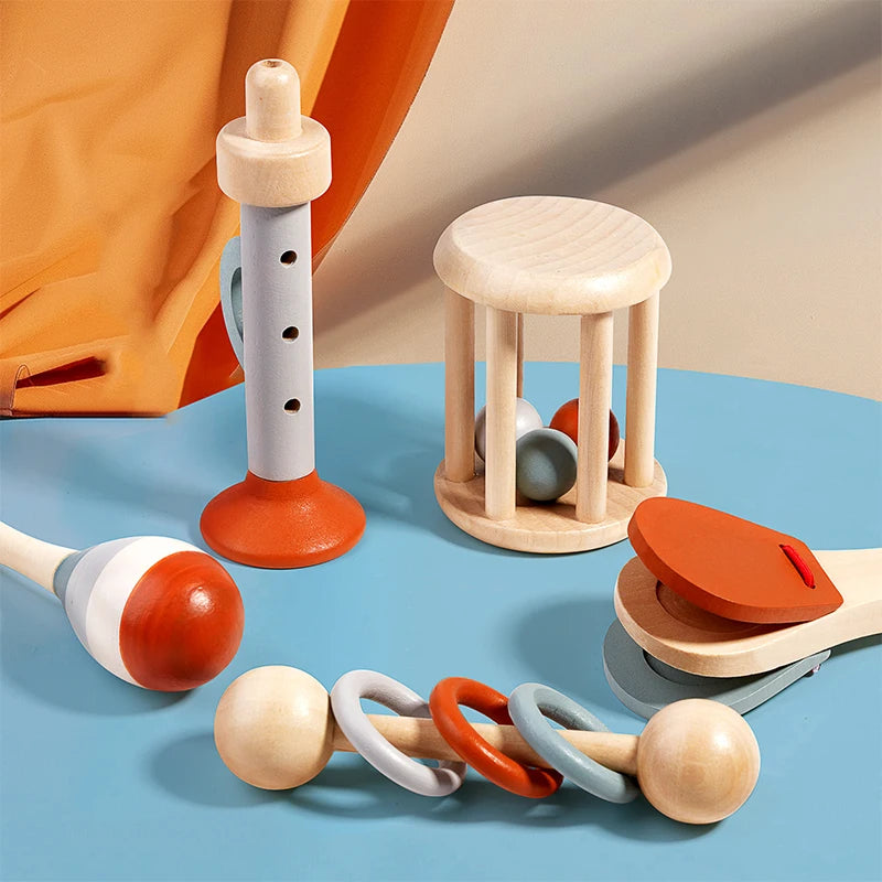 Colorful 5-piece baby musical instrument set by I YAN with sensory rattles and percussion toys for early learning and play.