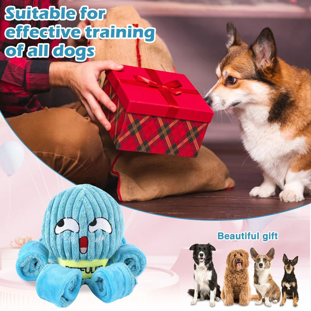 I YAN Dog Snuffle Octopus plush toy, an interactive puzzle and slow feed chew toy for dogs, with colorful fabric and multiple snuffle areas.