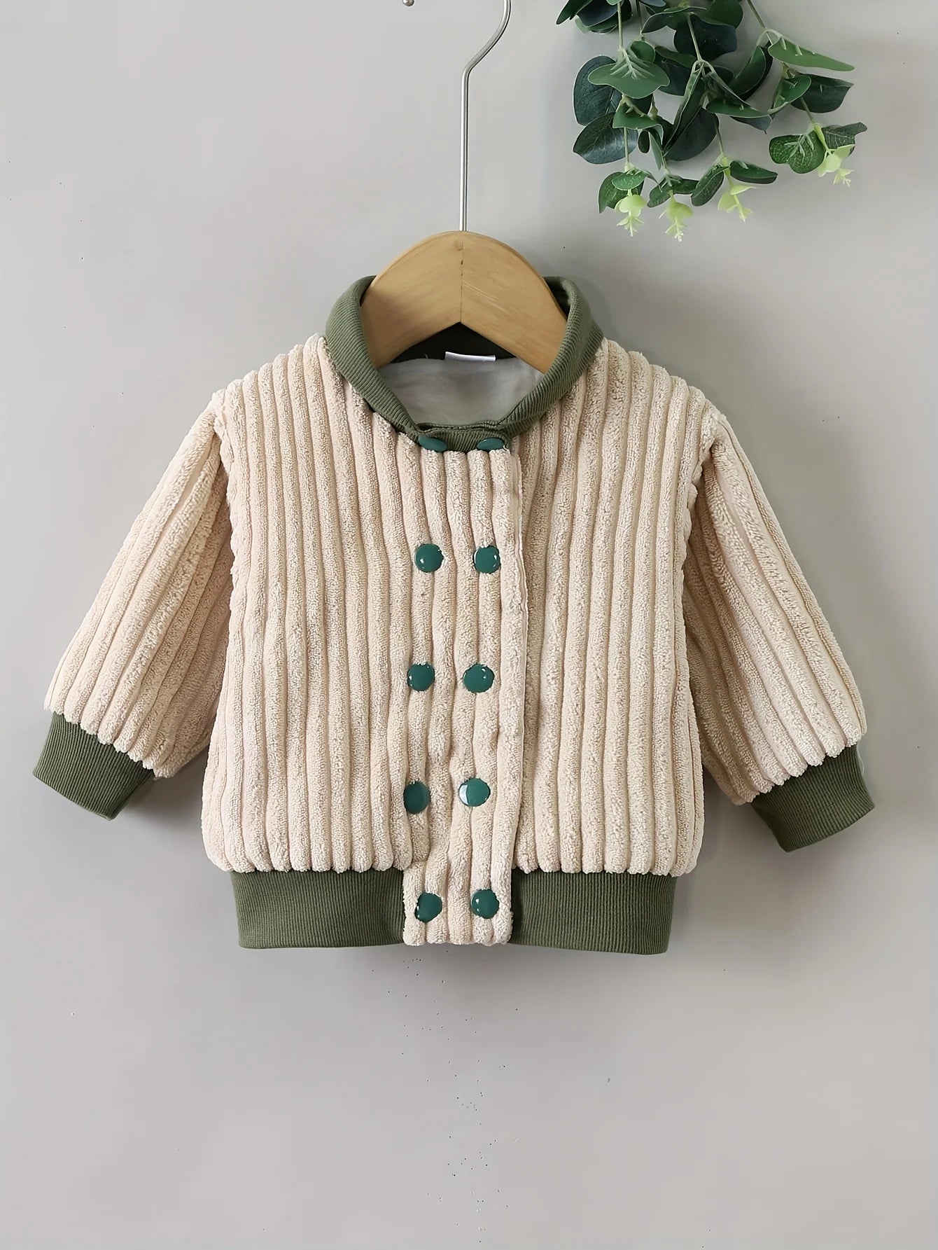 Boys Fall Winter Plaid Button Style Plush Apricot Baseball Jacket Baby Outfit Vertical Stripe Design Soft Fur Infant Clothing