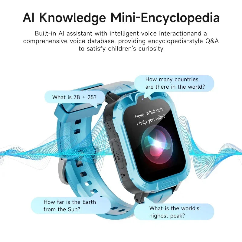 Kids smart watch by I YAN featuring 4G GPS, camera, voice monitor, and SOS button for child safety and communication.