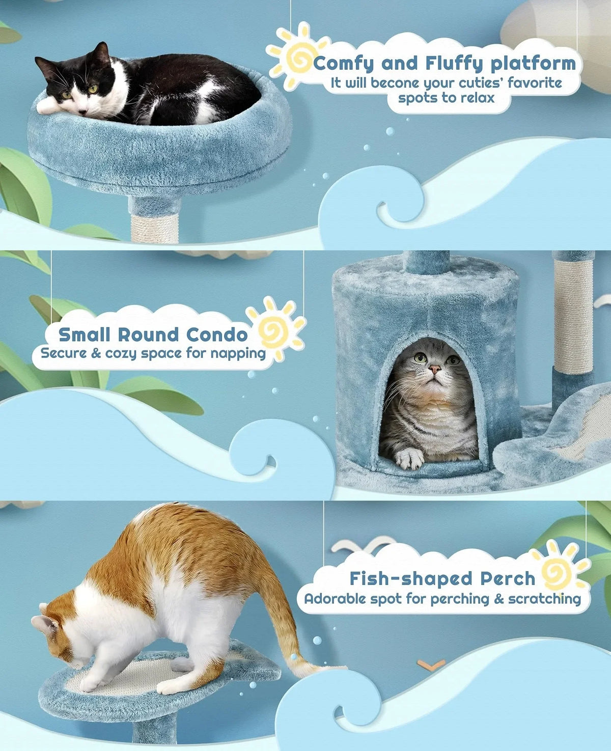 I YAN 61-inch ocean-themed cat tree tower with shark mouth nest, fish platform, sisal posts, and plush bed for cats.