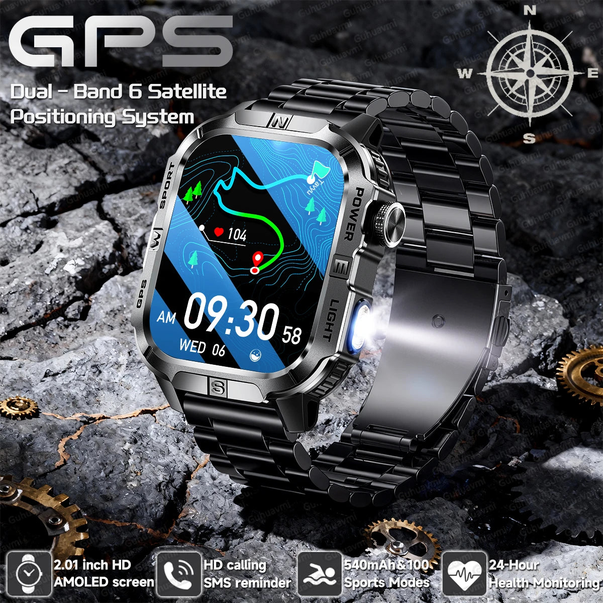 New Dual-Band Satellite GPS Smart Watch Men 2.01'' HD Screen Compass Military Flashlight Watches Waterproof Swim Smart Bracelet
