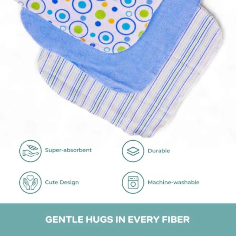 Blue hooded baby bath towel with matching washcloths set from I YAN, soft terry fabric, perfect for newborns.
