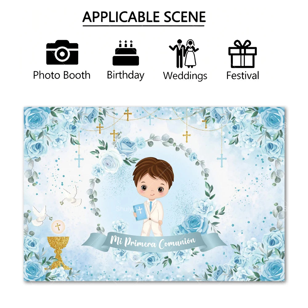 Boy Girl First Communion Backdrop Gold Cross Grail God Bless Baptism Party Decor Background Christening Baby Shower Photo Props