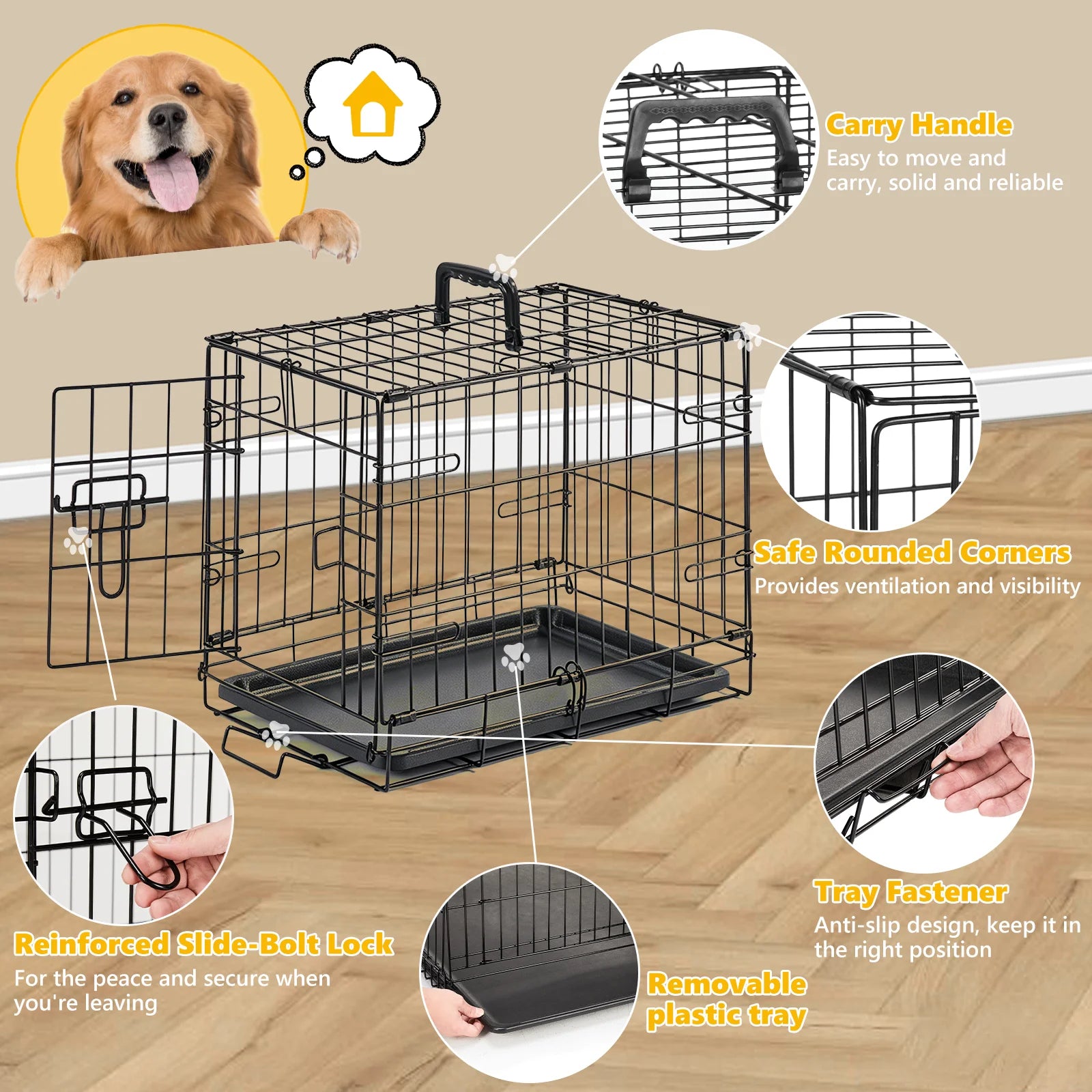 I YAN 18-inch metal dog crate with single door, secure lock, foldable design, removable tray, portable pet kennel for small dogs.
