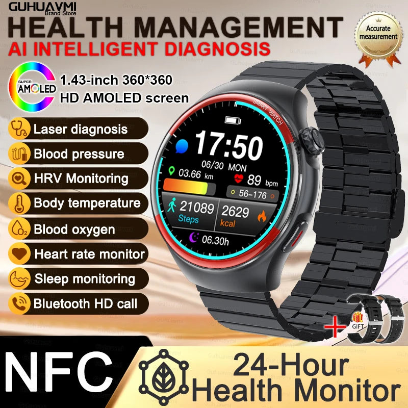 Sapphire Glass Laser Detection Health Smartwatch Men Precise Heart Rate Blood Pressure 150+Sports Bluetooth Call NFC Smart Watch