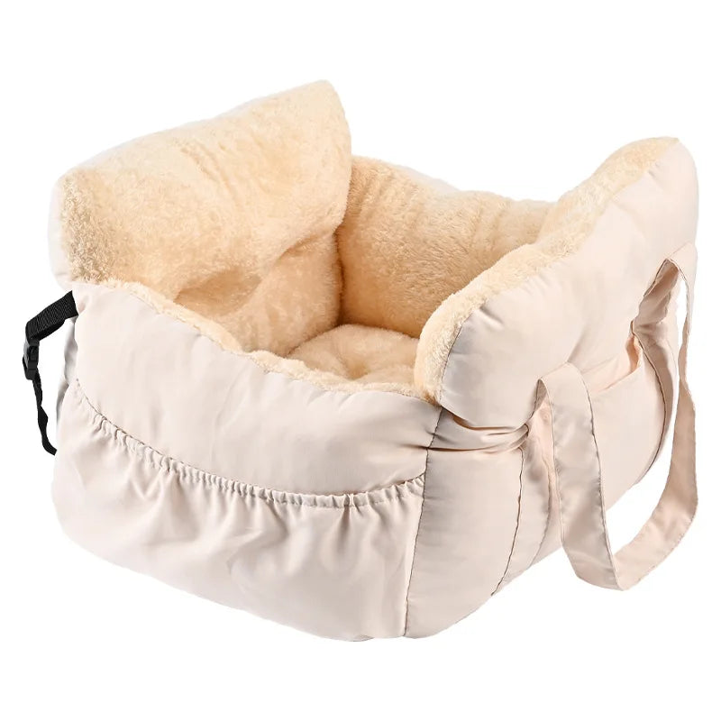 Dog car seat with safety belt by I YAN, non-slip travel carrier for small dogs, secure and comfortable for car journeys.