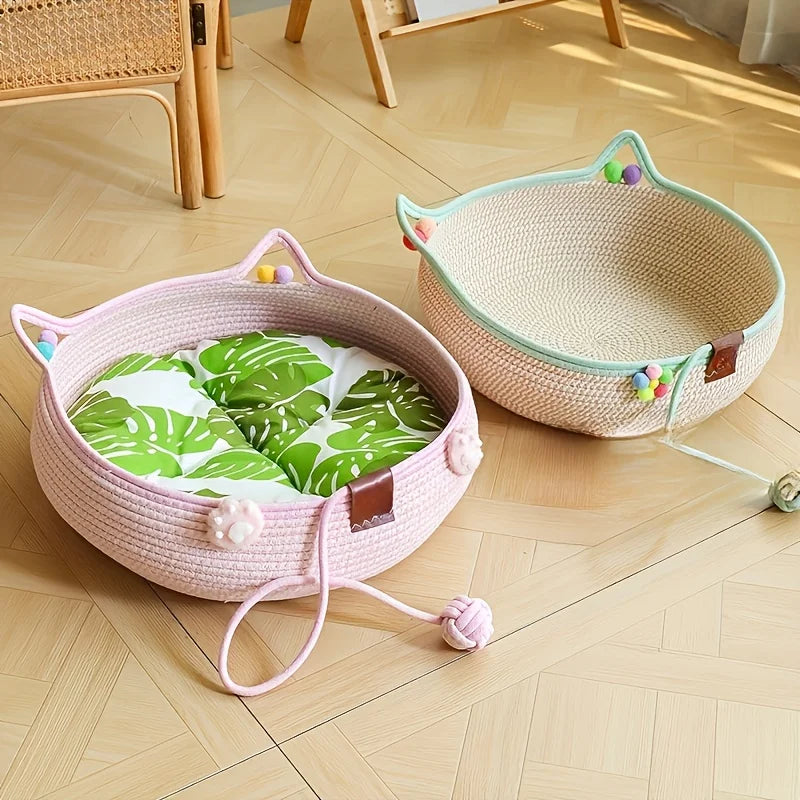I YAN round cartoon pet cat bed with hand-woven rattan design, cotton rope lining, ideal for summer cooling and scratching.