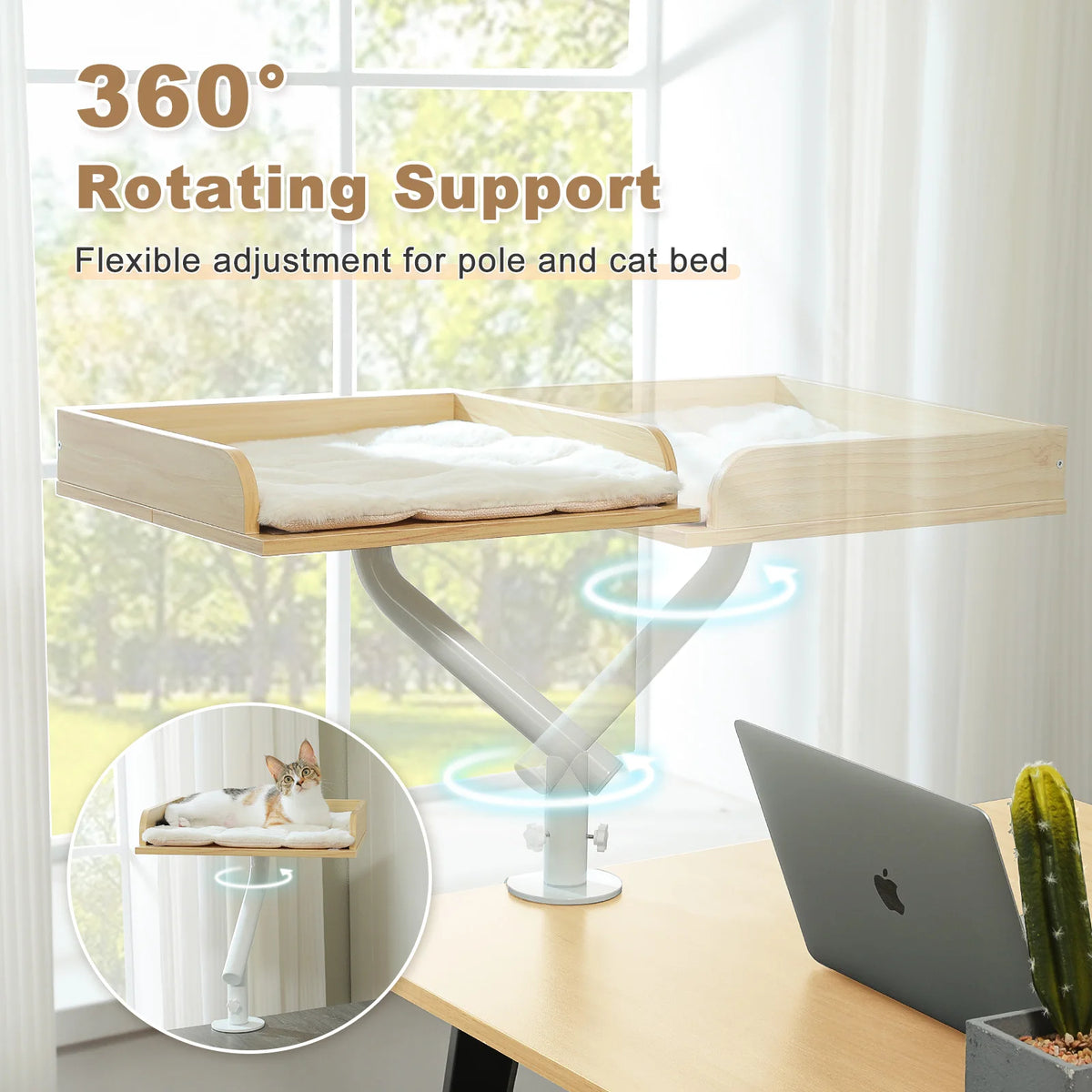 I YAN cat desk bed with a soft, adjustable hammock for indoor cats, featuring a 360° rotatable stand and cozy resting surface