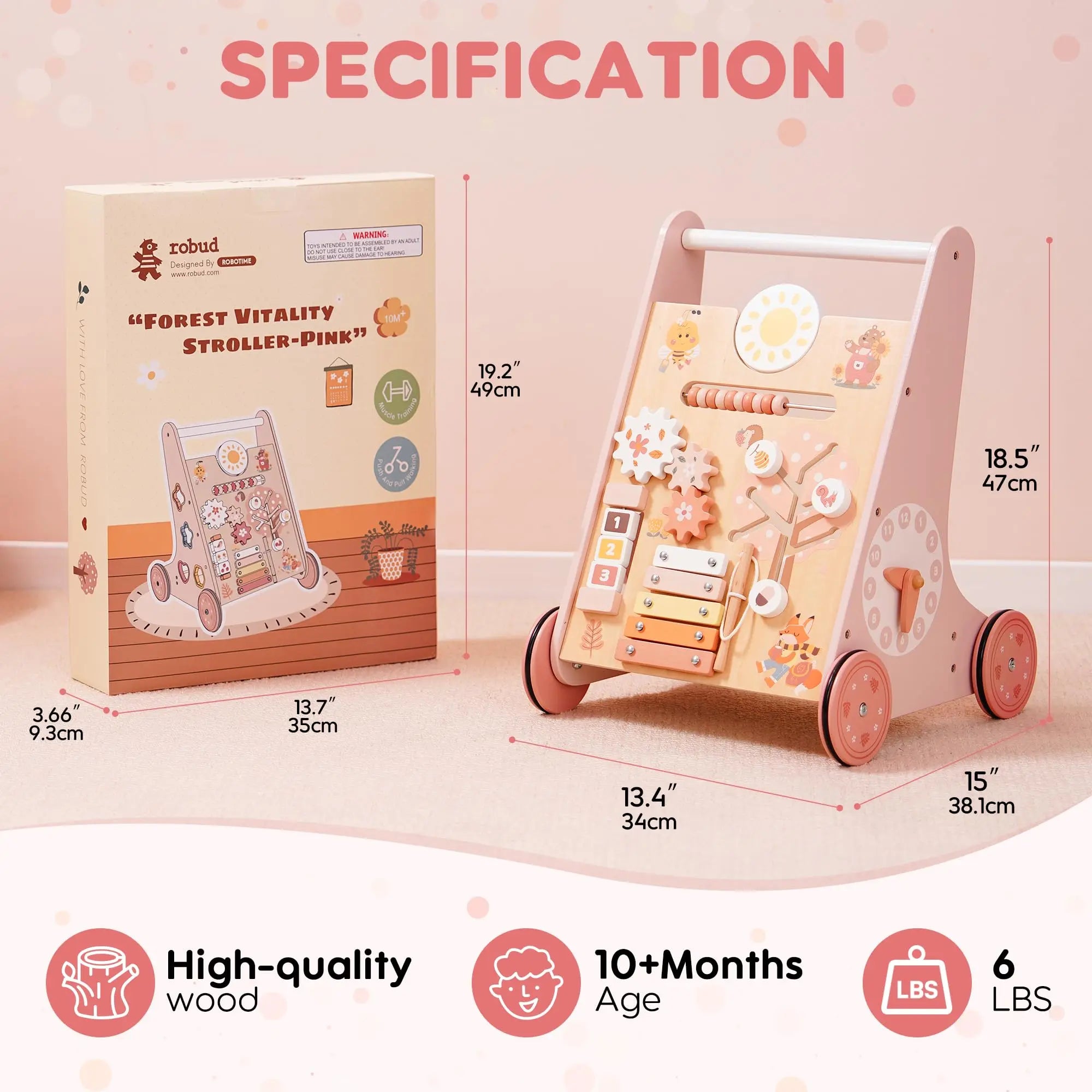 I YAN ROBOTIME ROBUD wooden baby walker with activity center, storage, and Montessori design for boys and girls.