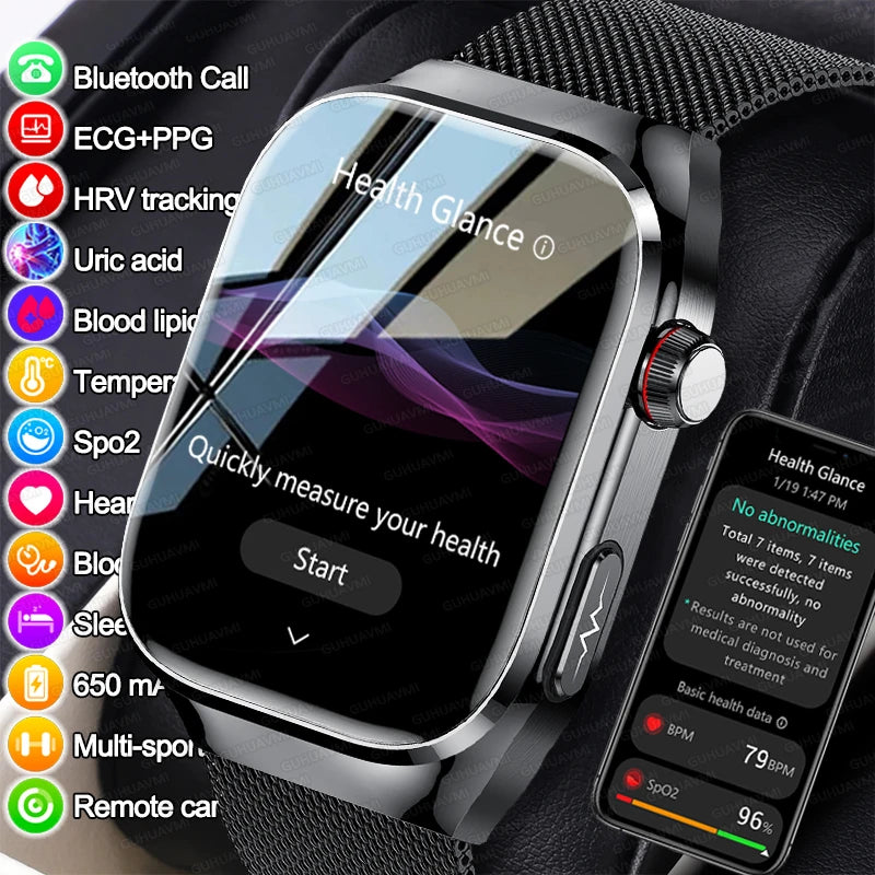 I YAN Micro physical examination smartwatch for men showing a Bluetooth call display and health tracking features on a sleek black band.