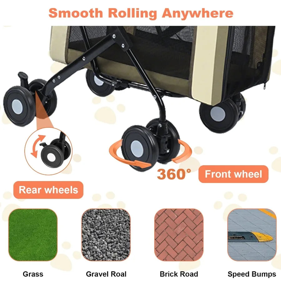 3-in-1Double Pet Stroller, Foldable Portable Pet Travel Strolling Cart for Medium Small Dogs Cats, up to 50lbs Dark Green