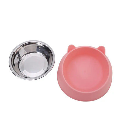 Set of 1/2/5 stainless steel cat and dog feeding bowls, inclined design for easy eating and drinking by pets.