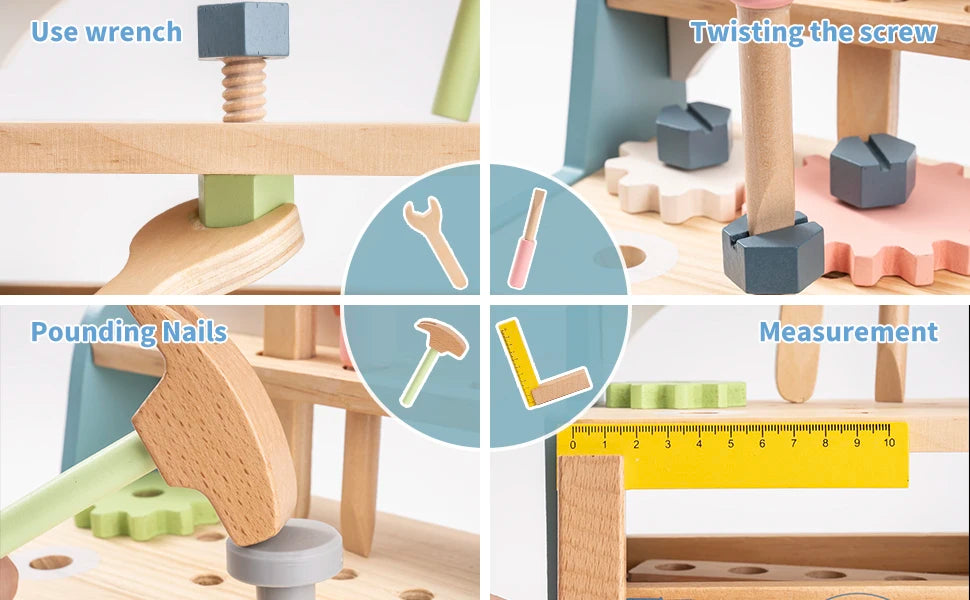 Mini wooden robotime tool bench set with toy tools, perfect for pretend play and educational construction fun for boys and girls.