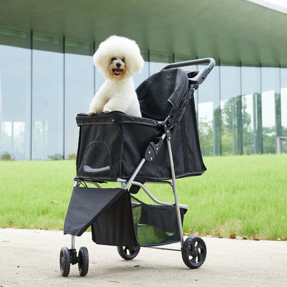 I YAN JHK foldable pet stroller with three wheels, mesh windows, storage basket, and cup holder for small dogs and cats outdoors.