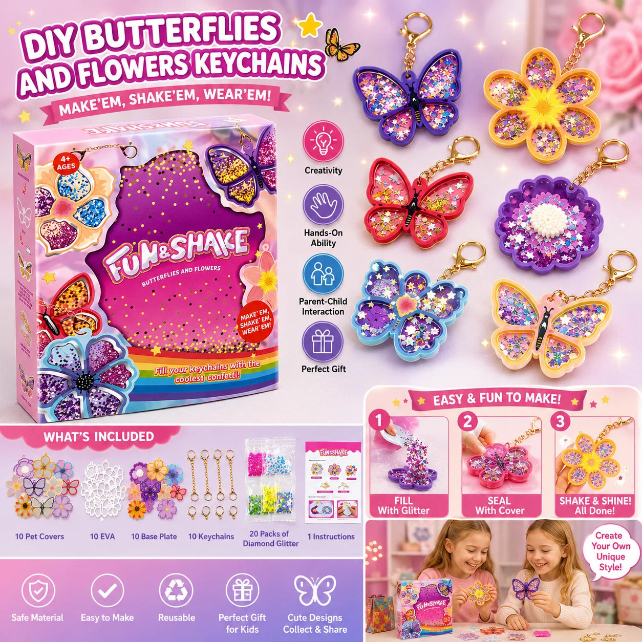 DIY butterfly and flower keychain kit by I YAN with glitter, sequins, and shaker charms for kids ages 4-8, perfect for arts and crafts.