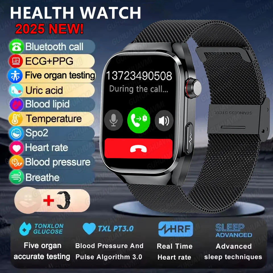 I YAN micro physical examination smartwatch for men showing digital display of uric acid and body fat health metrics.