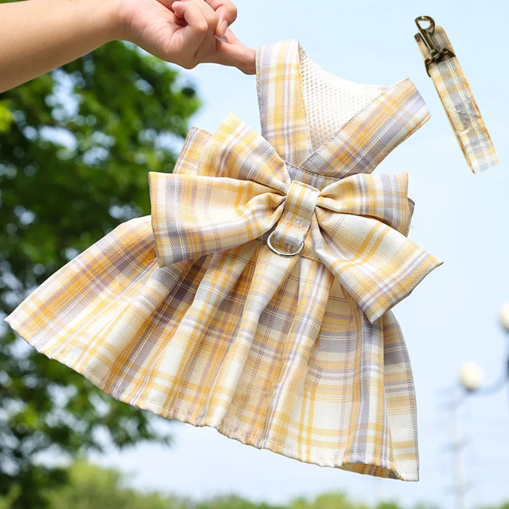 I YAN reusable dog harness with leash, plaid pet skirt, adjustable washable design, featuring a thin Dacron fabric and rabbit pattern.