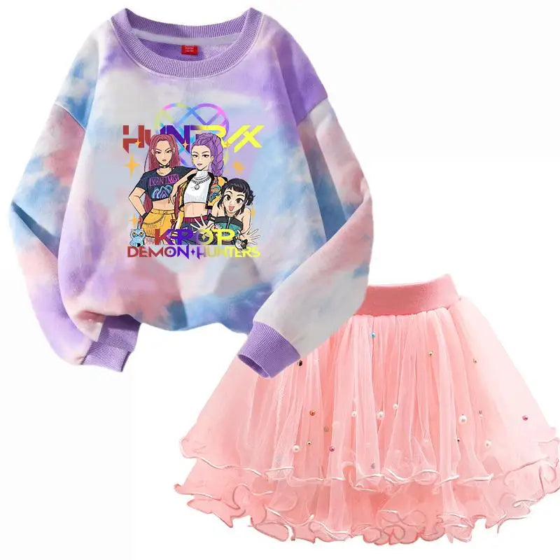 K-Pop Hunters Zoey Mira Rumi Children Sweaters Girls Tie-dye Sweatshirt Pink Pullovers Kids Tops Tulle Princess Dresses Suit