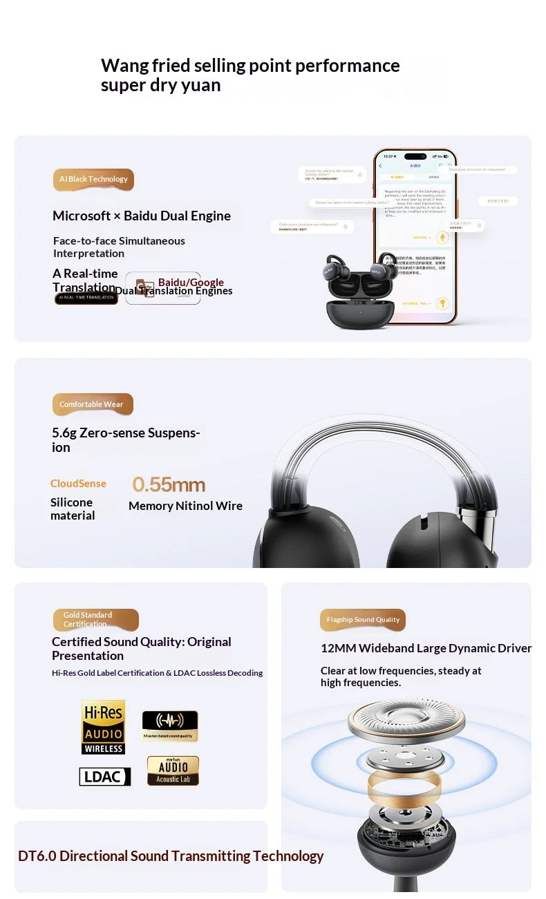 EarFun Clip 2 Open Ear Sport Bluetooth Earphones Hi-Res Sound AI Translation IP55 Waterproof Long Battery Life for Outdoor