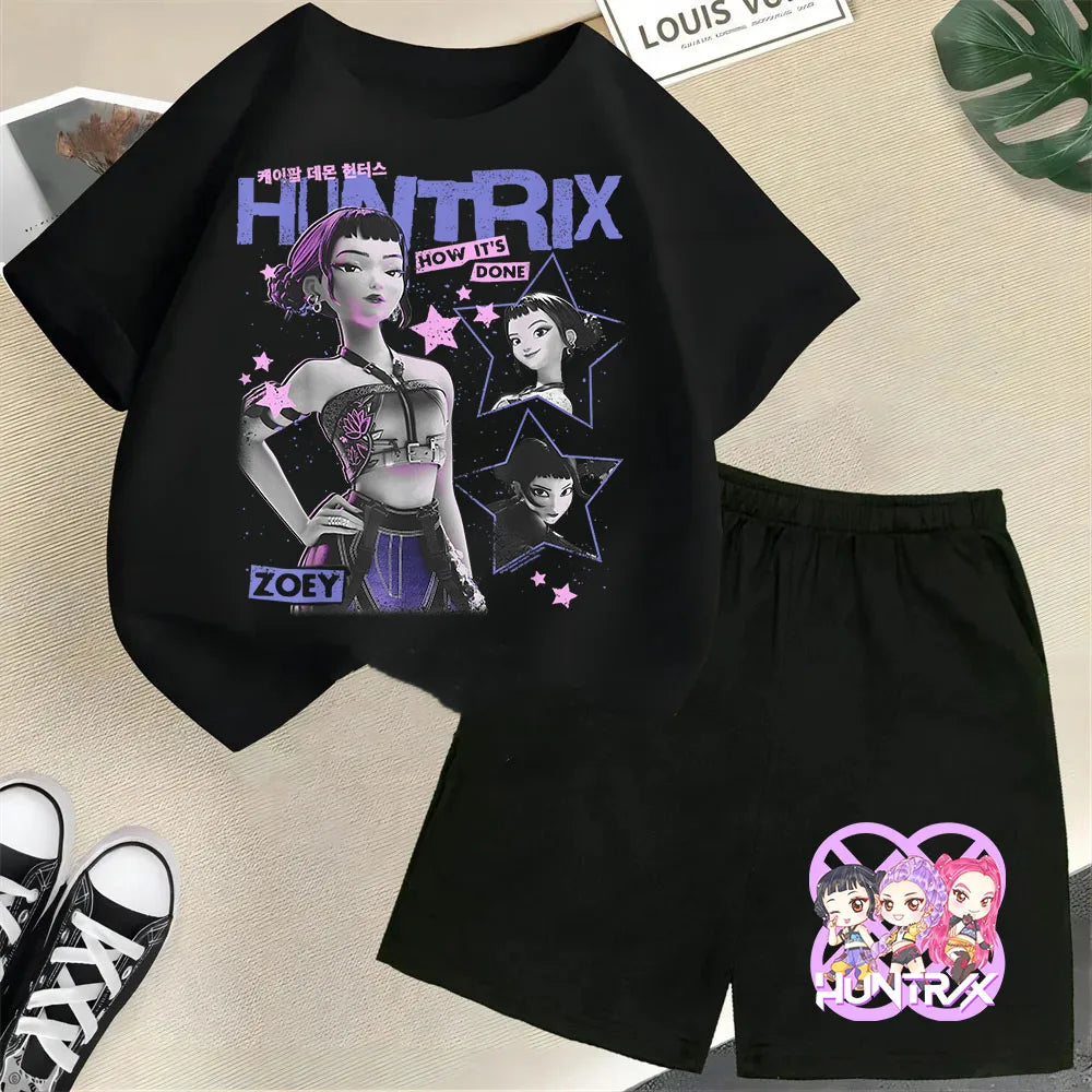 KPop Demon Hunters Saja Boys Kids T-Shirt – Cartoon Print Round Neck Casual Top (2pcs Set) - I YAN