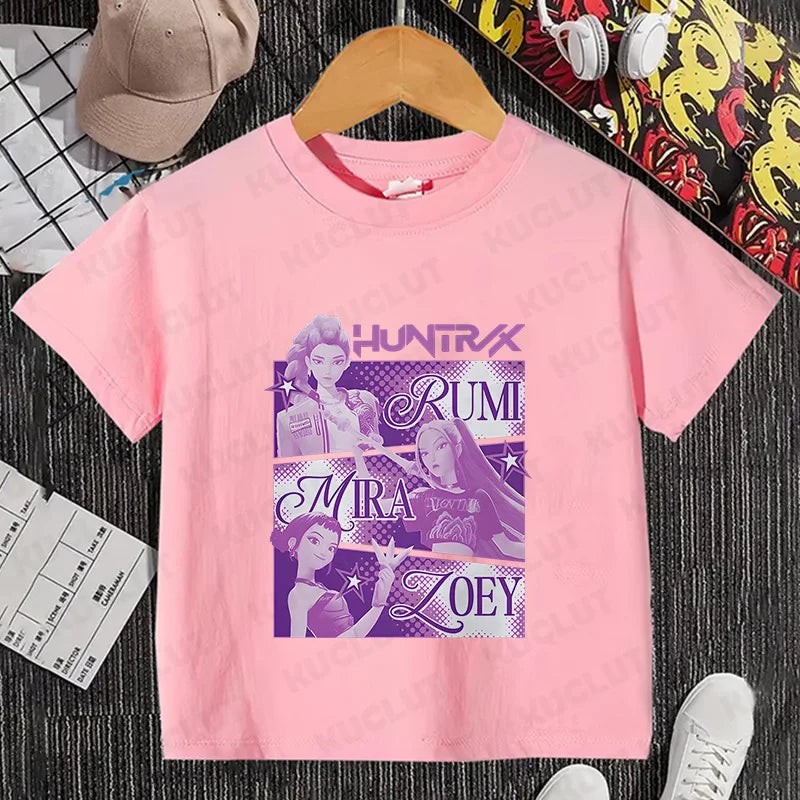 Kawaii K-POP Demon Hunters Kids T-shirt Girl Boy Clothes Children Clothing Fashion Tops Cotton Sweet Gift Short Sleeve Costumes