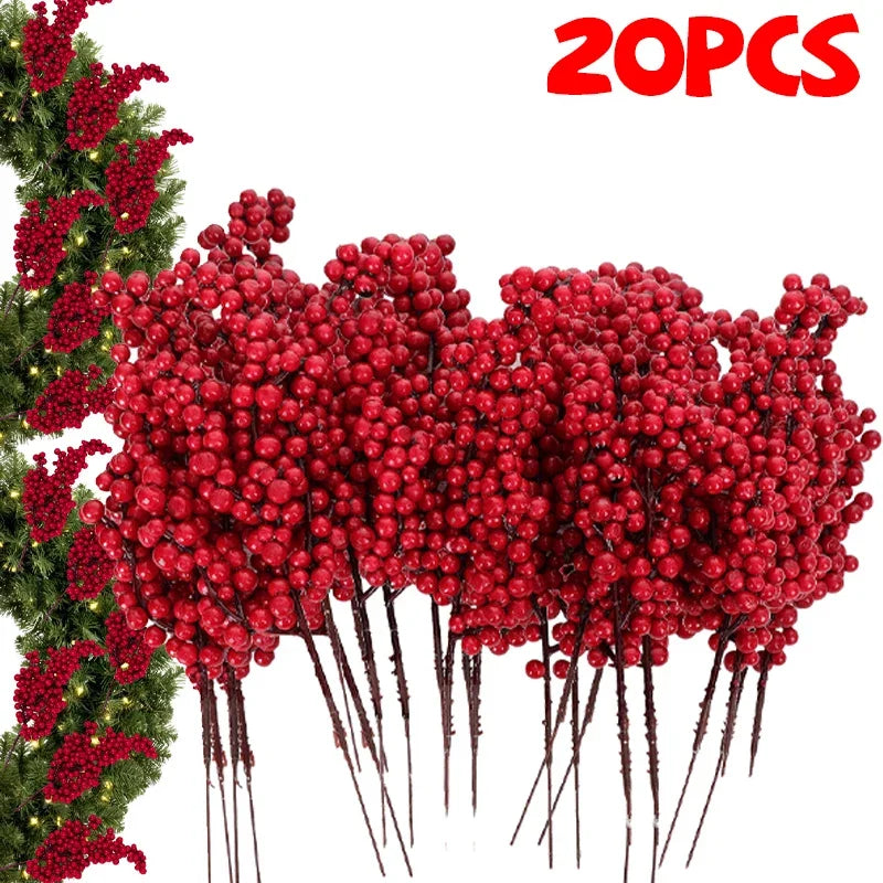 1/60PCS Christmas Red Berries Branch Artificial Holly Berry Stamen Flowers Wreath for Tree Ornaments New Year Party Home Decor