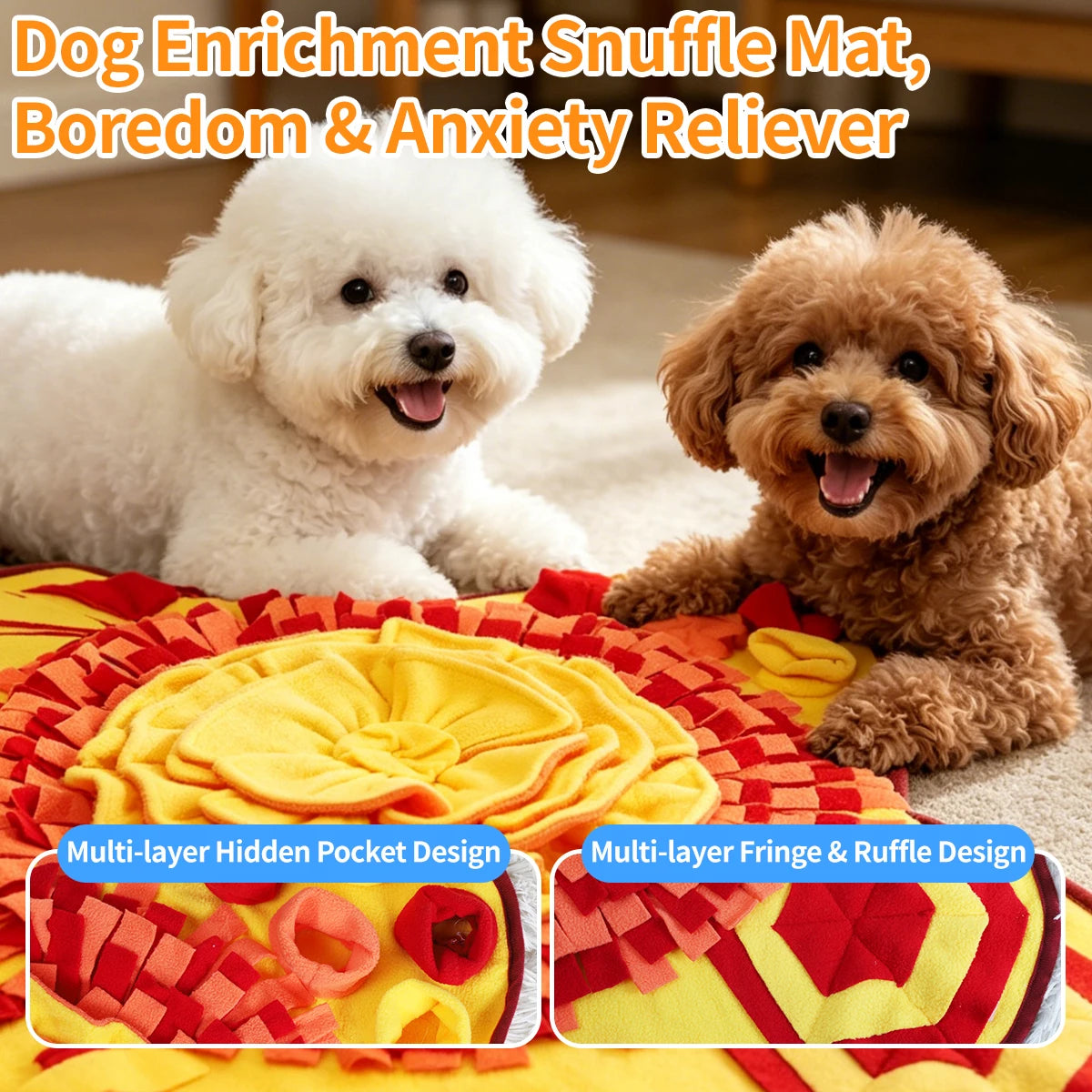 Washable dog snuffle mat for slow feeding and scent training, featuring multiple fabric folds and textures for pets.