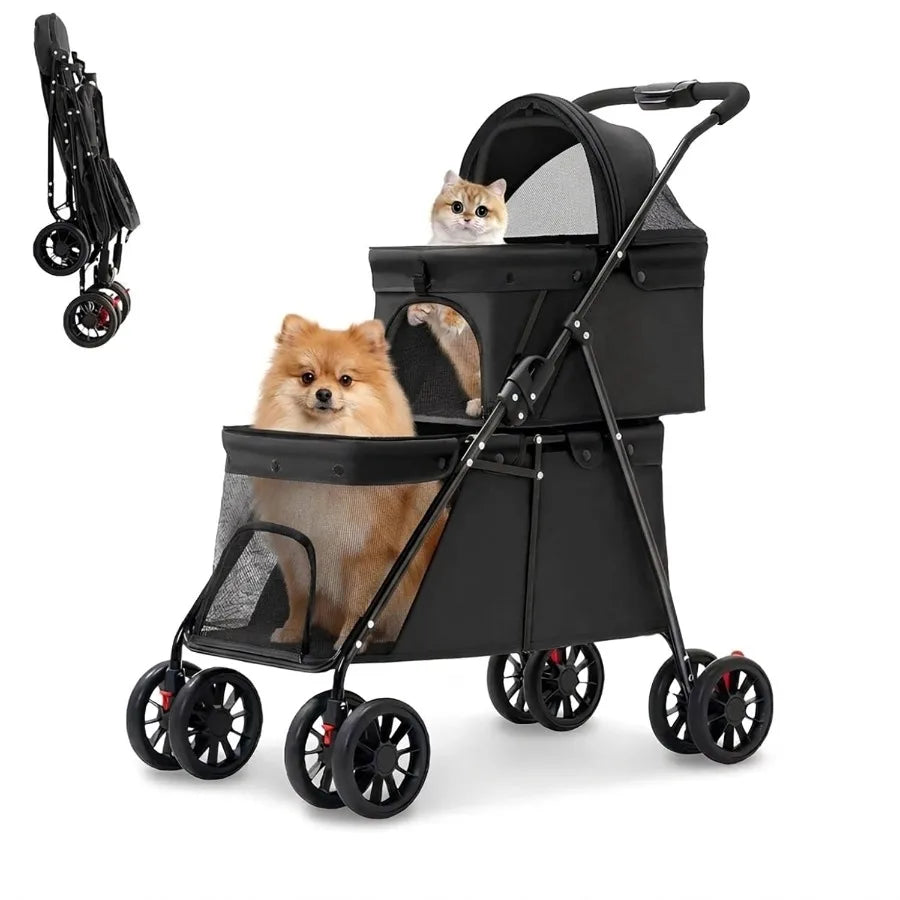 Foldable I YAN double layer pet stroller with breathable mesh windows, lightweight 4-wheel design, suitable for small and medium cats and dogs.