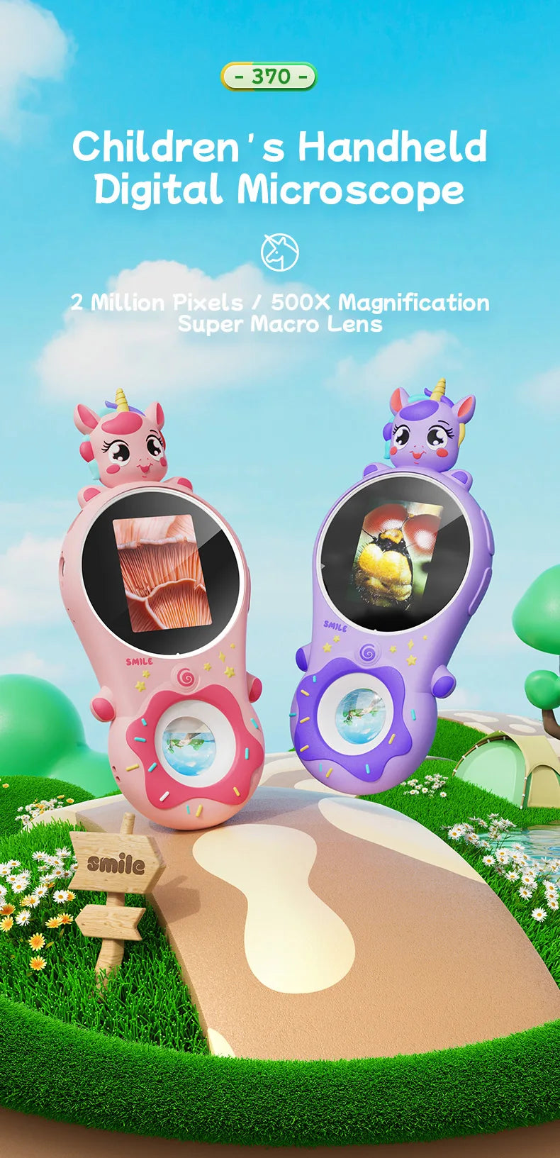 Mini Kids Optical Microscope 500x Magnification 200MP Camera Lens with Photo And Video Function Silicone Cover  Children's Gift