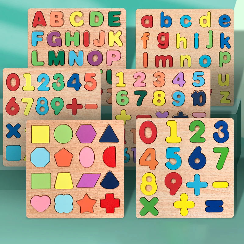 Wooden Montessori kids puzzle with alphabet, numbers, shapes, and arithmetic symbols by I YAN, designed for preschool learning and education.