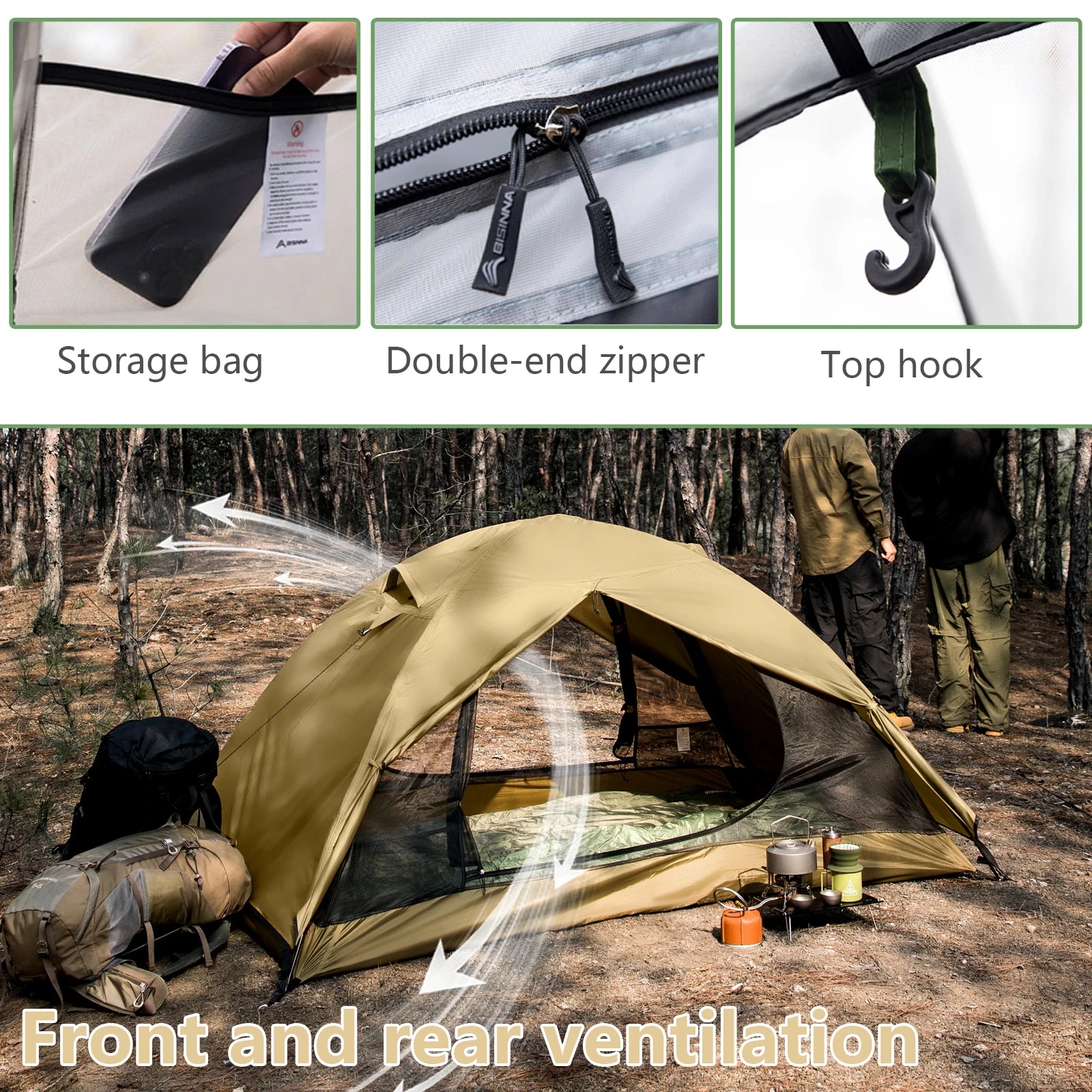 BISINNA Camping Tent 2 Persons Portable Waterproof Backpacking Tent Double-layer Outdoor Hiking Travel Camping Equipment
