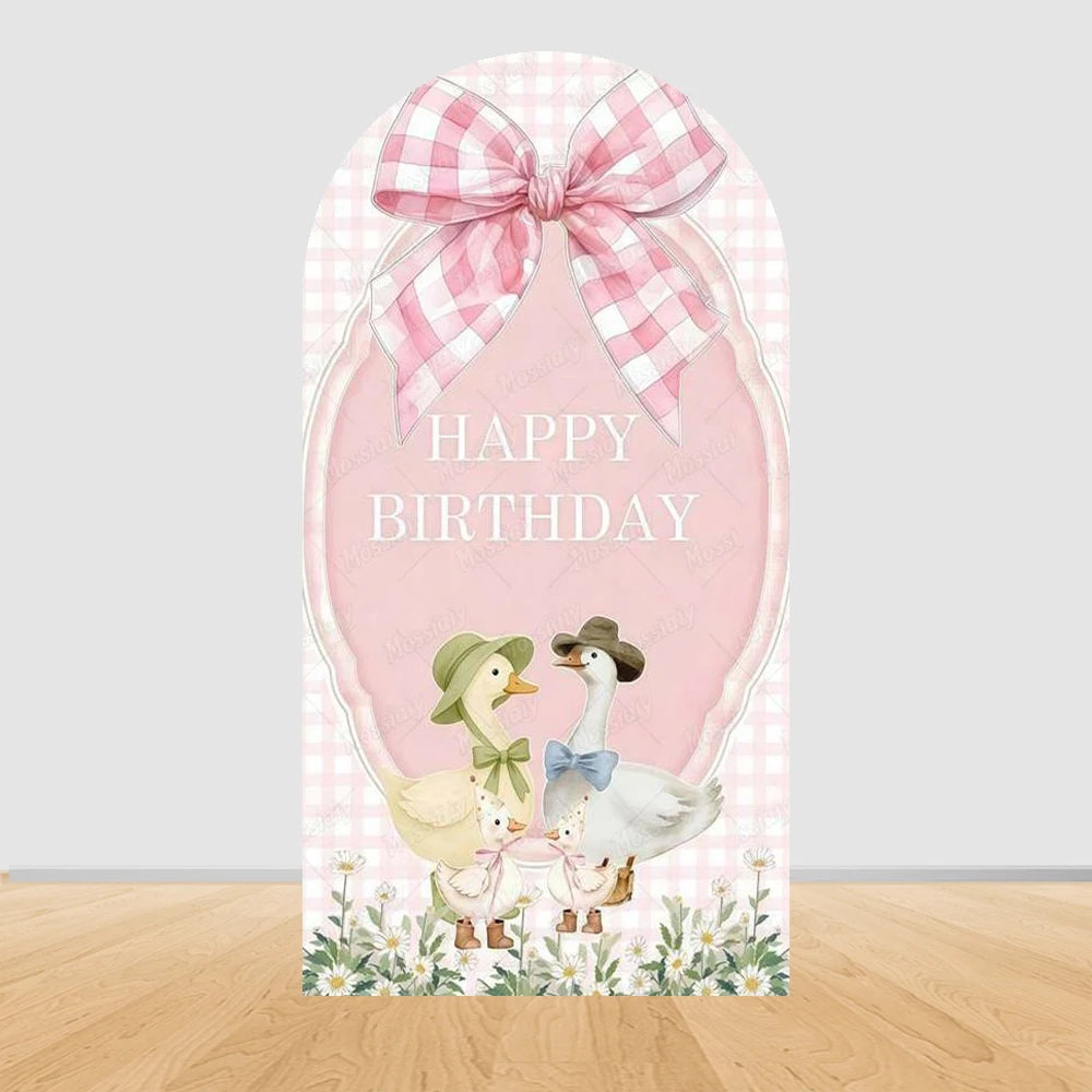 Cartoon Big White Goose Pink Bow Arch Cover Backdrop Children Baby 1st Birthday Party Baby Shower Decor Background Double-Sided