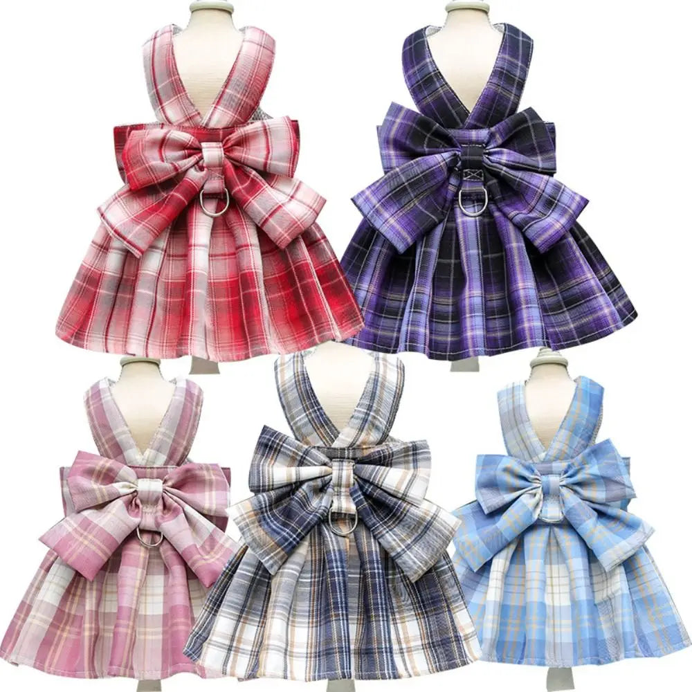 I YAN reusable dog harness with leash and plaid pet skirt, adjustable, washable, featuring a cute bow and rabbit print.