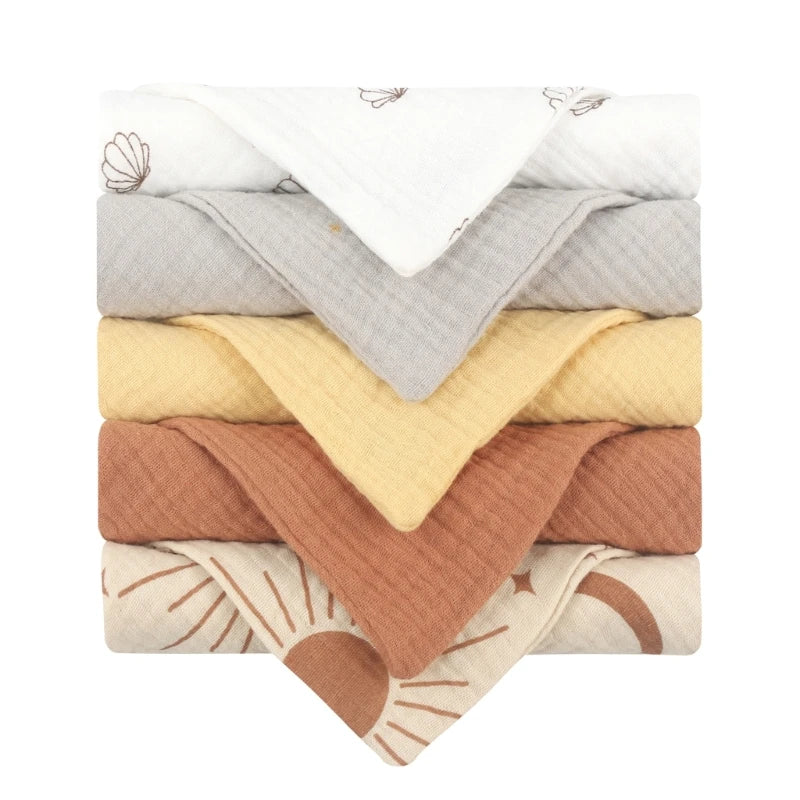 Set of 5 I YAN cotton baby face towels and burp cloths, soft, absorbent, and gentle for kids and infants.