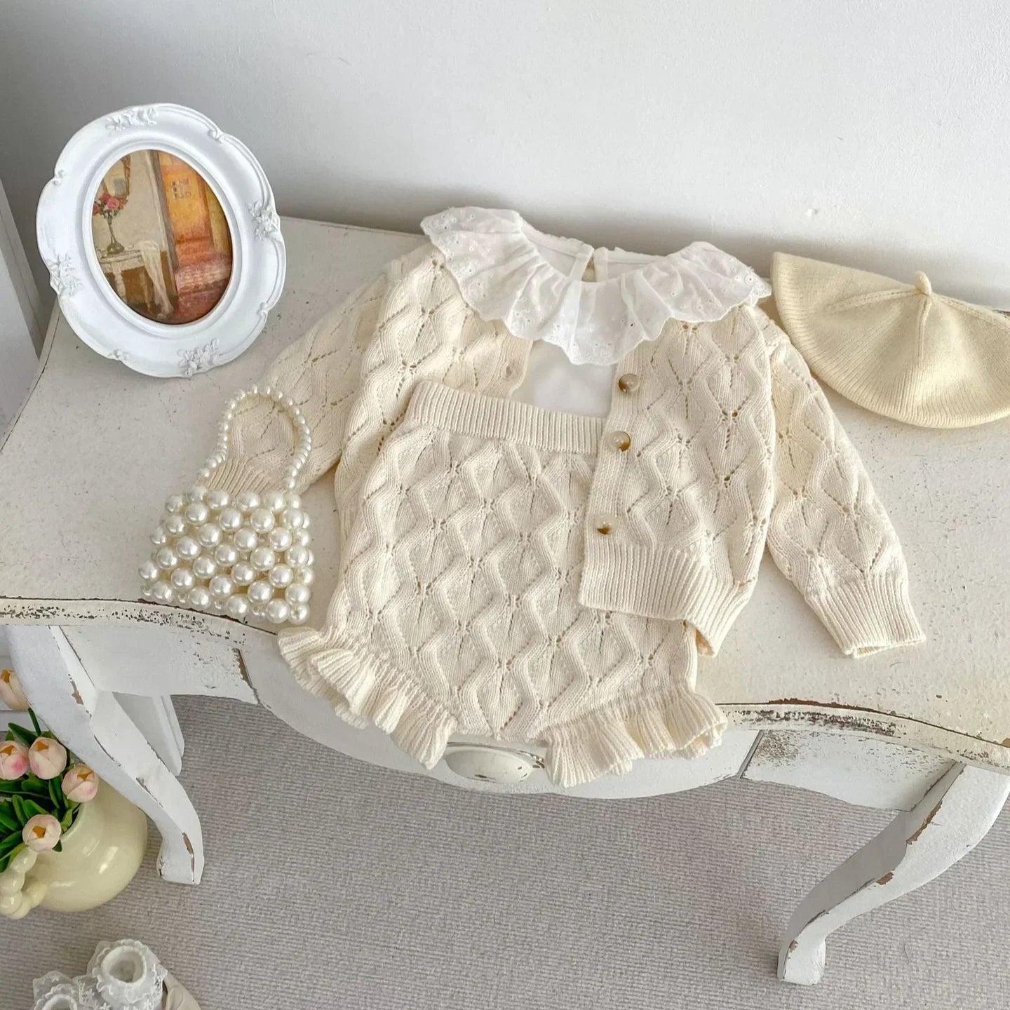 Baby Girl Knit Cardigan & Shorts Set – Hollow-Out Sweater 2-Piece Outfit - I YAN