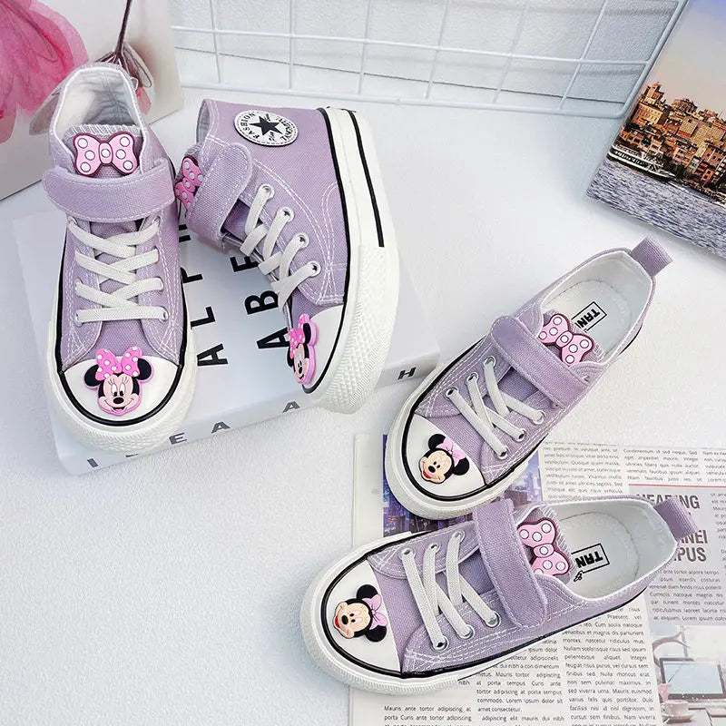 Disney Girls' Canvas Casual Shoes Soft Sole High Top Cartoon Mickey Mouse Minnie Purple White Breathable Shoes Flats Size 24-37